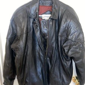 Lauren Alexandria Black Leather Bomber Jacket with Burgundy Lined Collar